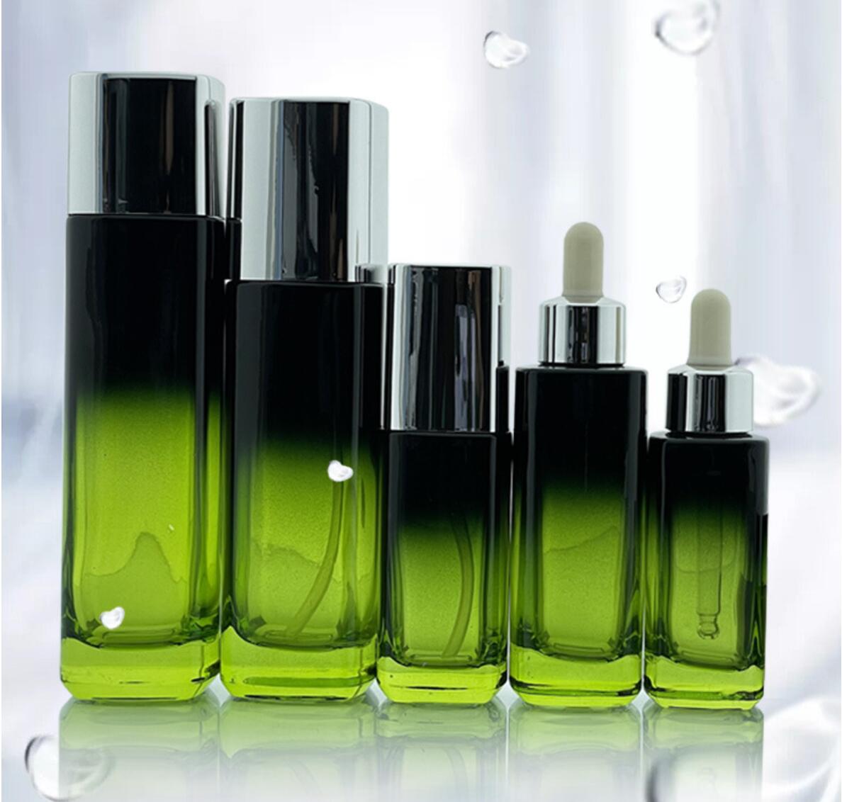 pradient green square shape thick wall bottom cosmetic glass bottles and jars glass cosmetic package wholesale