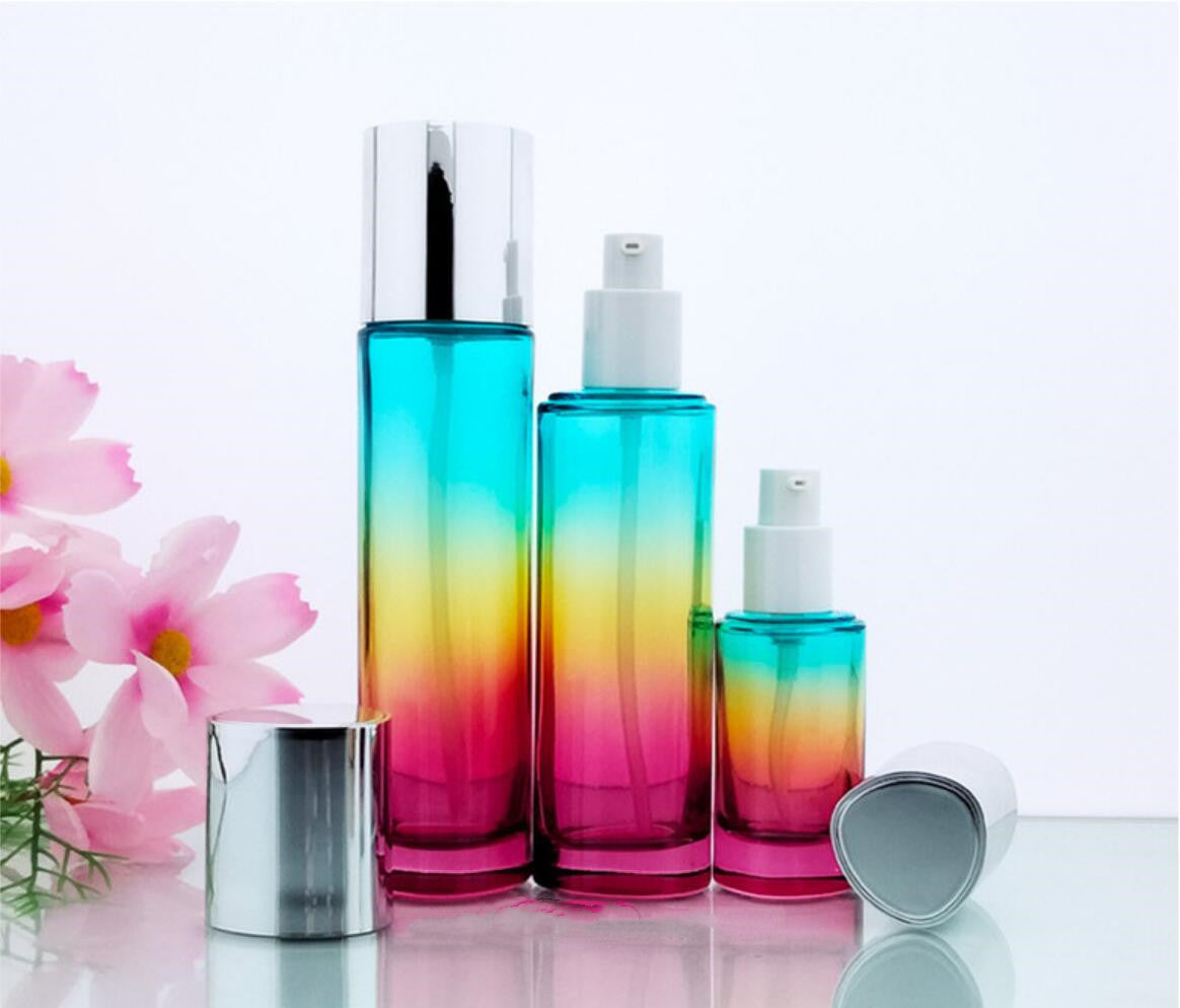 triangle colourful cosmetic packaging 30ml 100ml 120ml glass pump bottles and 50g skin facial cream jars with silver cap