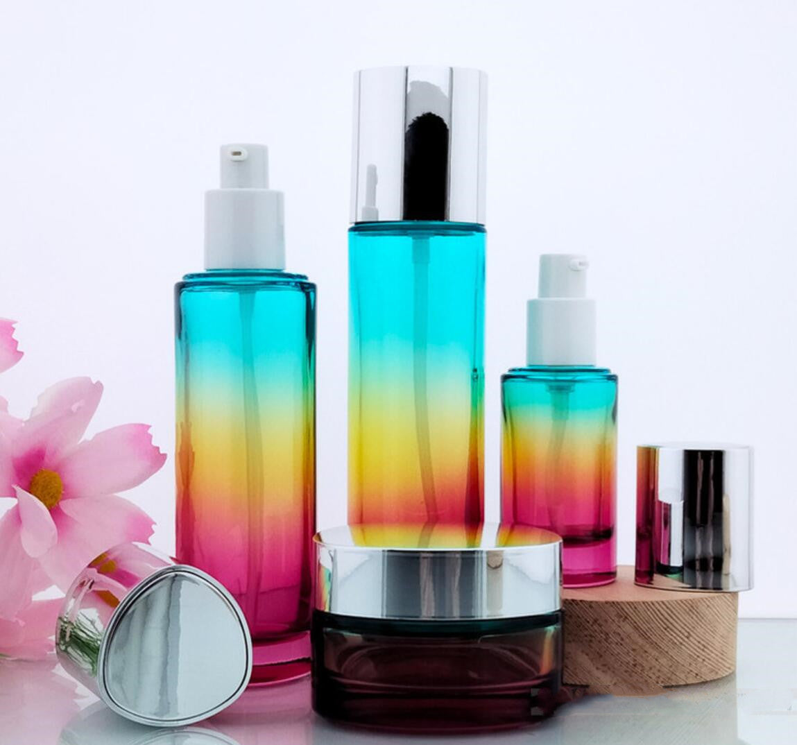 triangle colourful cosmetic packaging 30ml 100ml 120ml glass pump bottles and 50g skin facial cream jars with silver cap