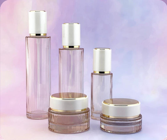 Skincare bottle set round shape 40ml 100ml 120ml serum lotion pump glass bottle spray 50g glass cream jar with white cap