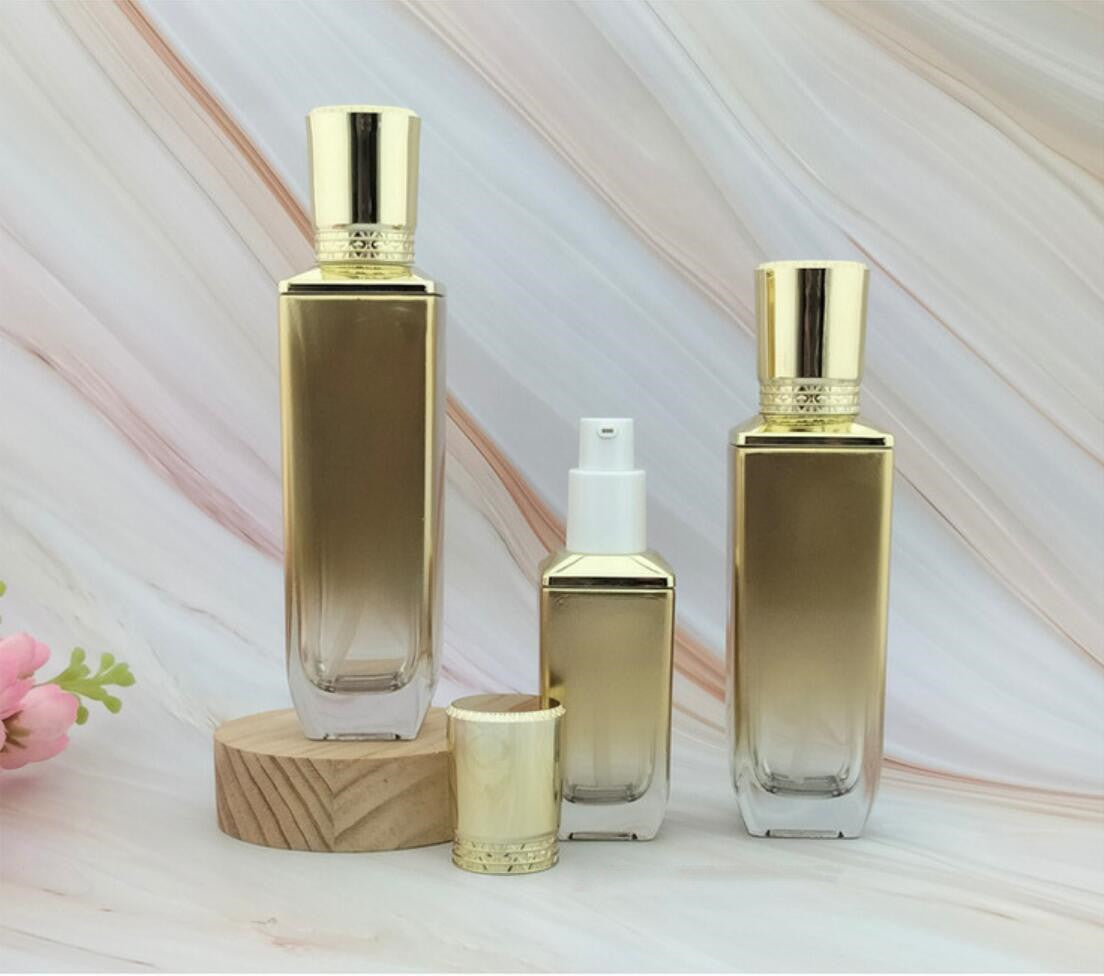 2024 new style fashion luxury gold square cosmetic glass bottle with lotion pump cream jar with gold lid