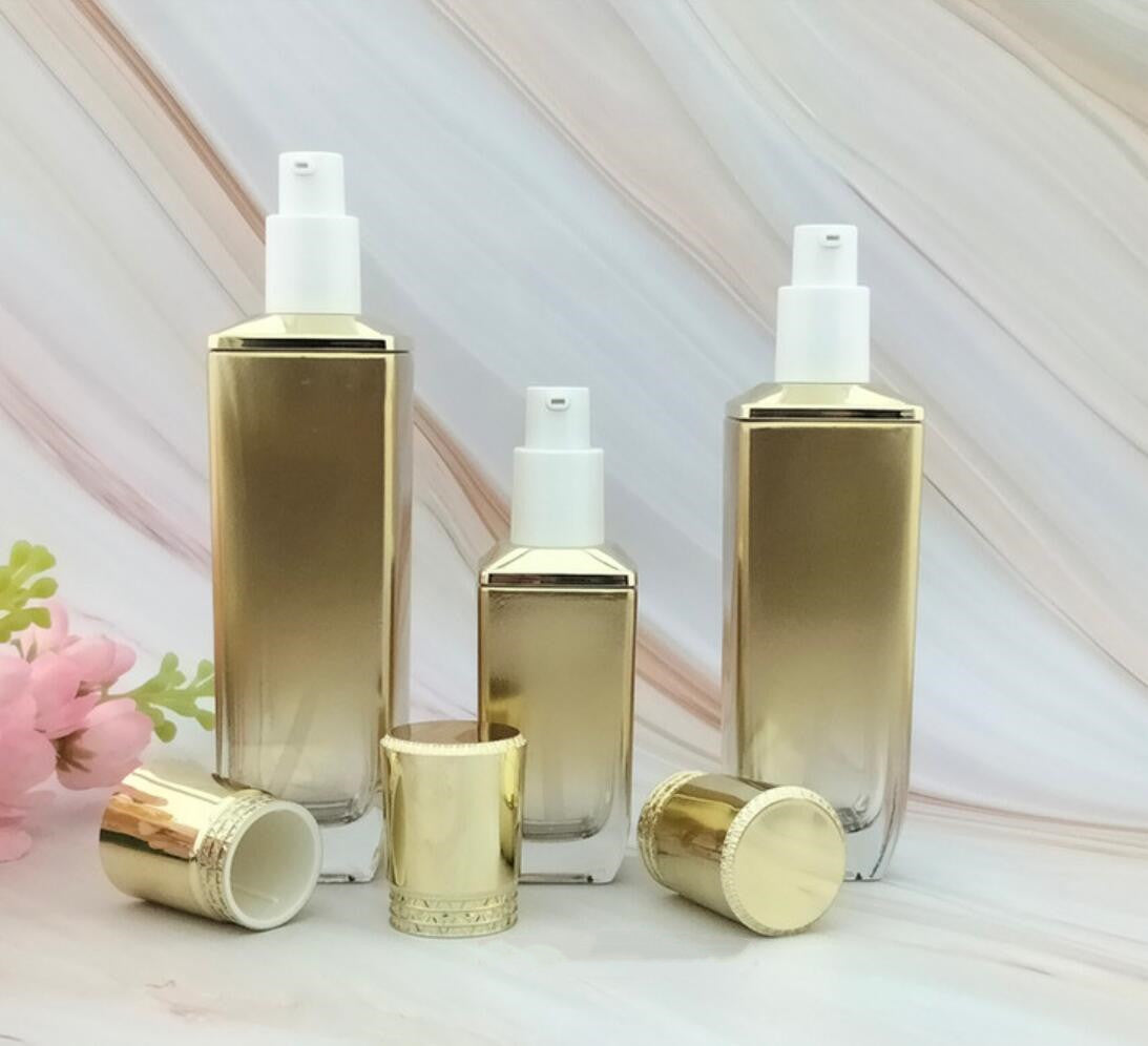 2024 new style fashion luxury gold square cosmetic glass bottle with lotion pump cream jar with gold lid