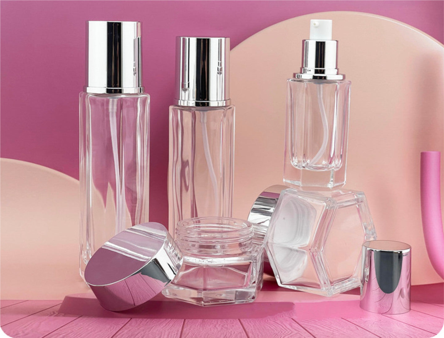 2024 new style unique hexagon shape  luxury empty clear  glass cosmetic packaging set face cream jar wholesale