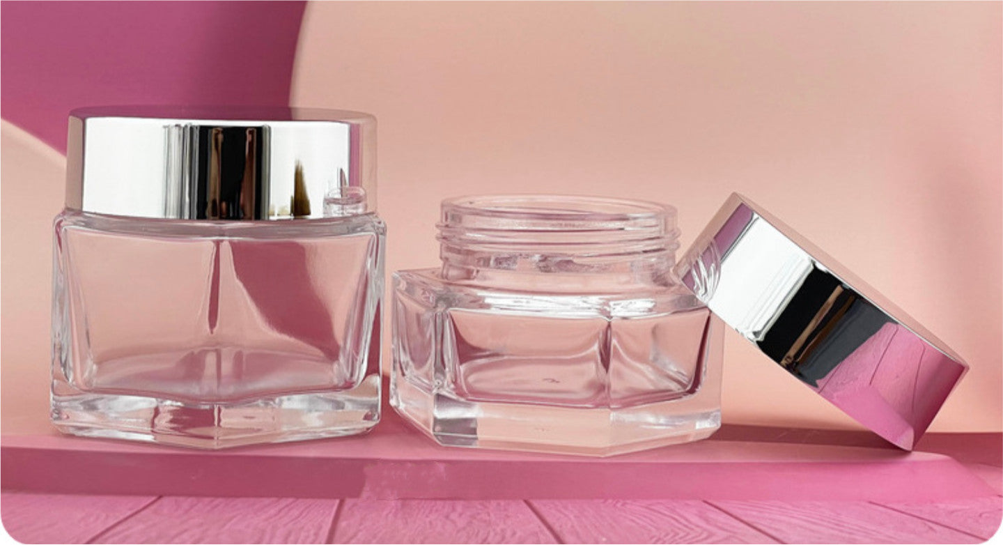 2024 new style unique hexagon shape  luxury empty clear  glass cosmetic packaging set face cream jar wholesale