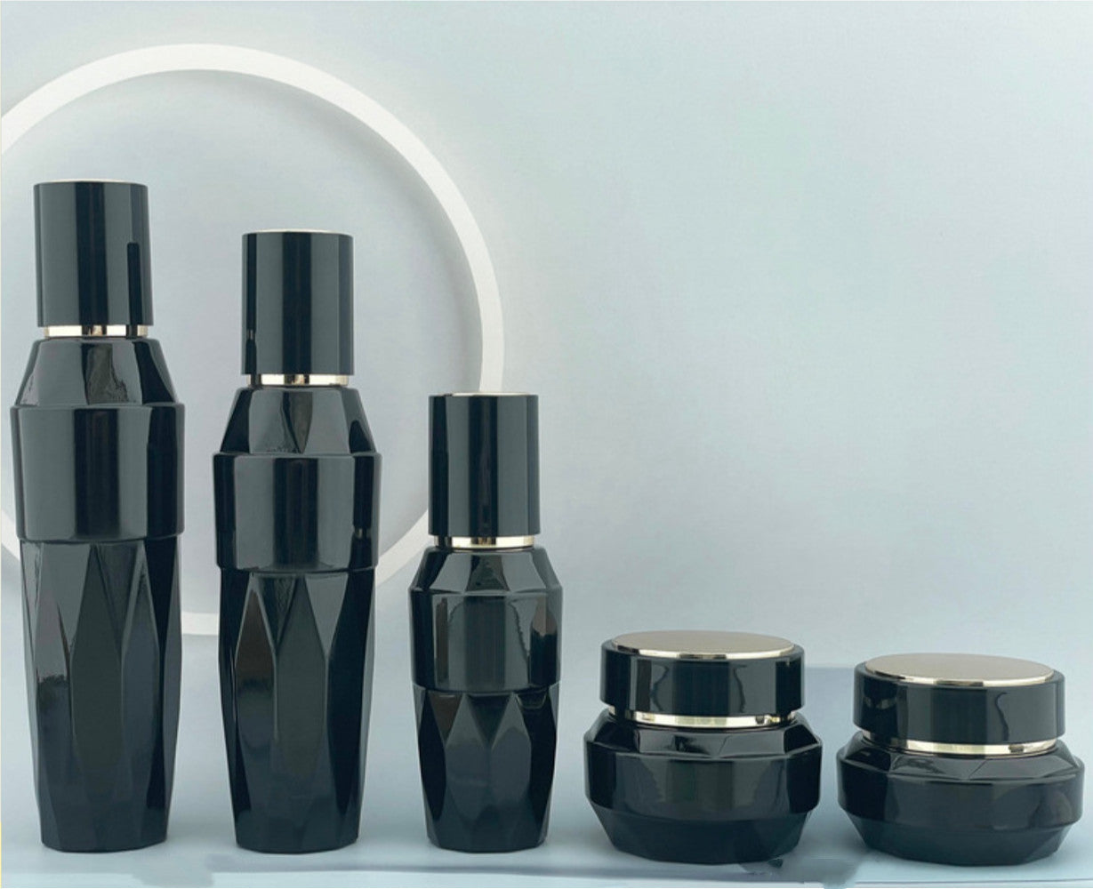 Unique make up bottle shining black cap glass 30g 50g 40ml 100ml 120 ml modern special shape cosmetic bottle glass jars and bottles