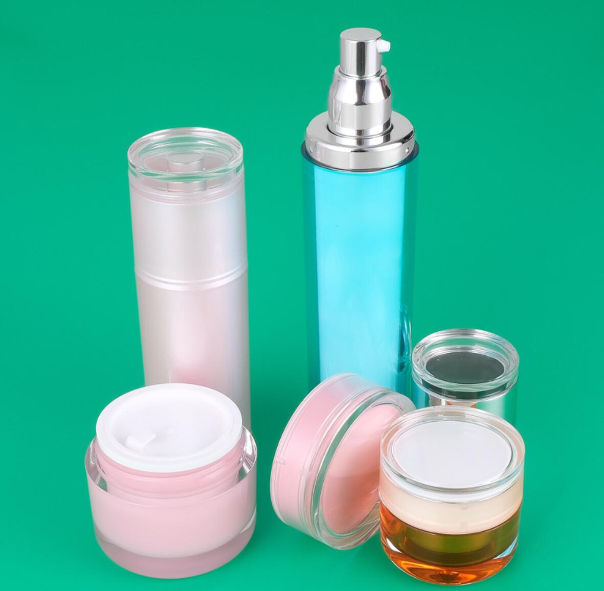 Luxury Double Wall Cosmetic Packaging Set Customized Plastic Acrylic Airless Pump Lotion Bottles and Cream Jars