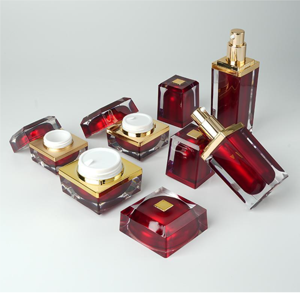 Luxury red skincare packaging collection Luxury square skincare packaging double wall cosmetic acrylic bottles&jars